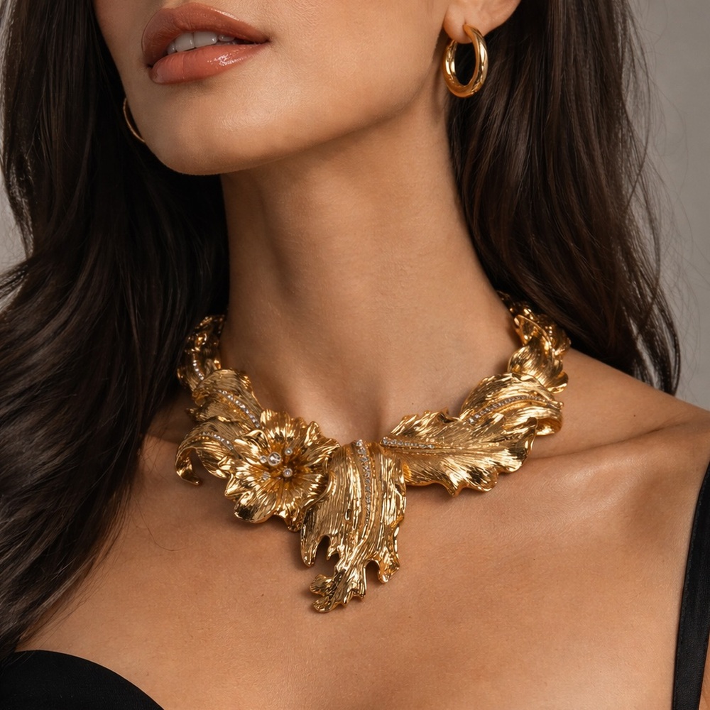 Gold & Crystals Leaf & Blossom Necklace NWOT